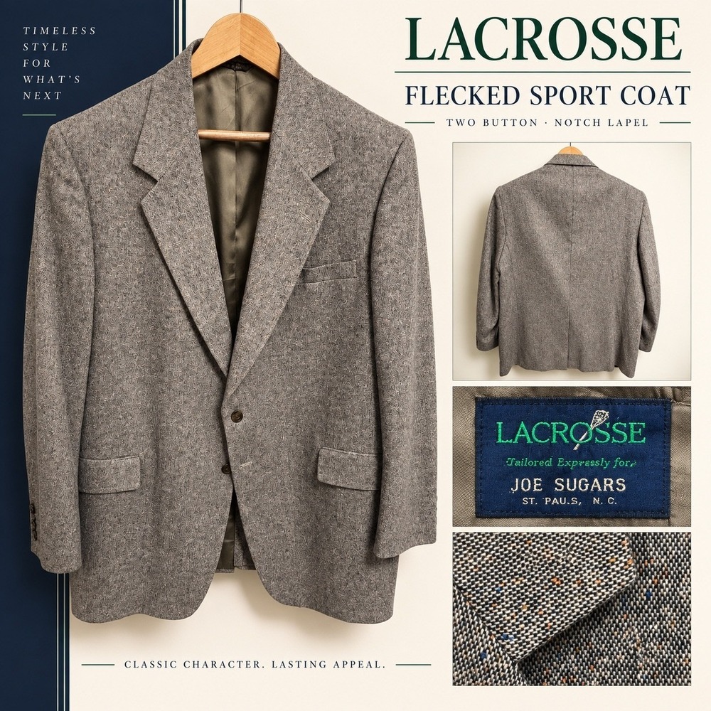 Vintage Lacrosse Joe Sugars Gray Tweed Flecked Wool Blazer Sport Coat 46 PTL USA